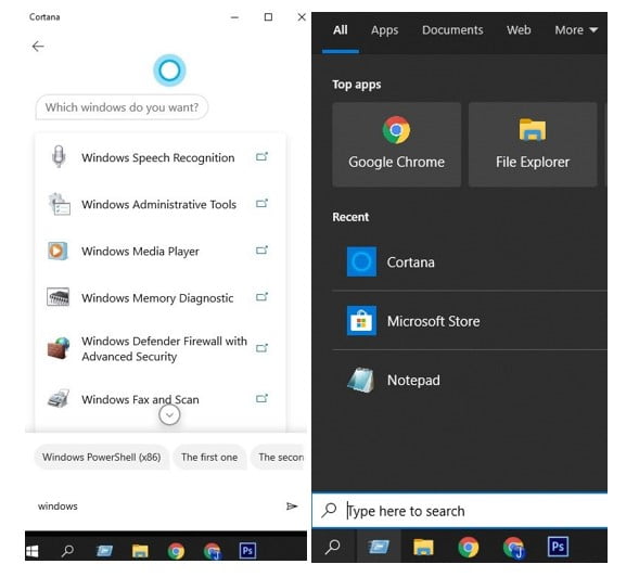 Using search cortana