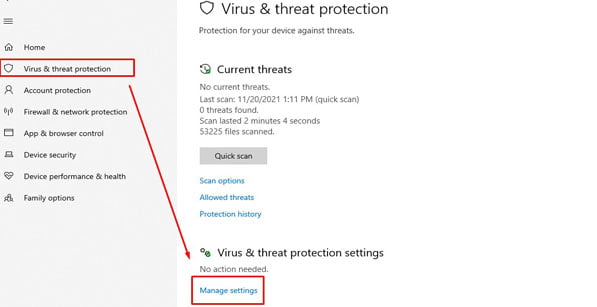 Virus & Protection Settings