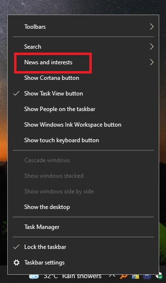 News & Interest widget Taskbar